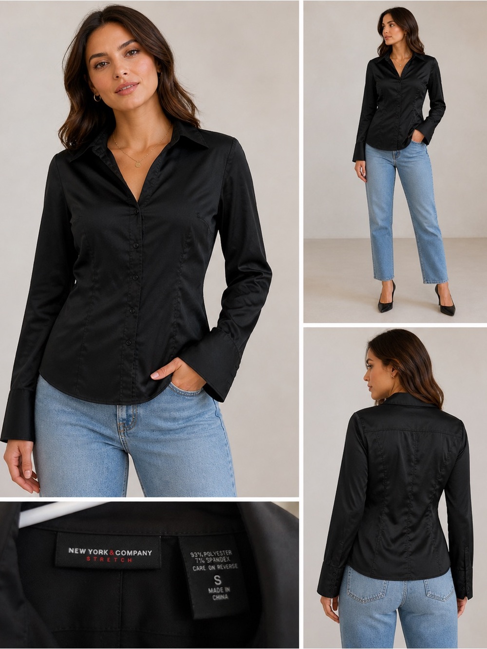 New York & Company Black Satin-Look Button Down Shirt